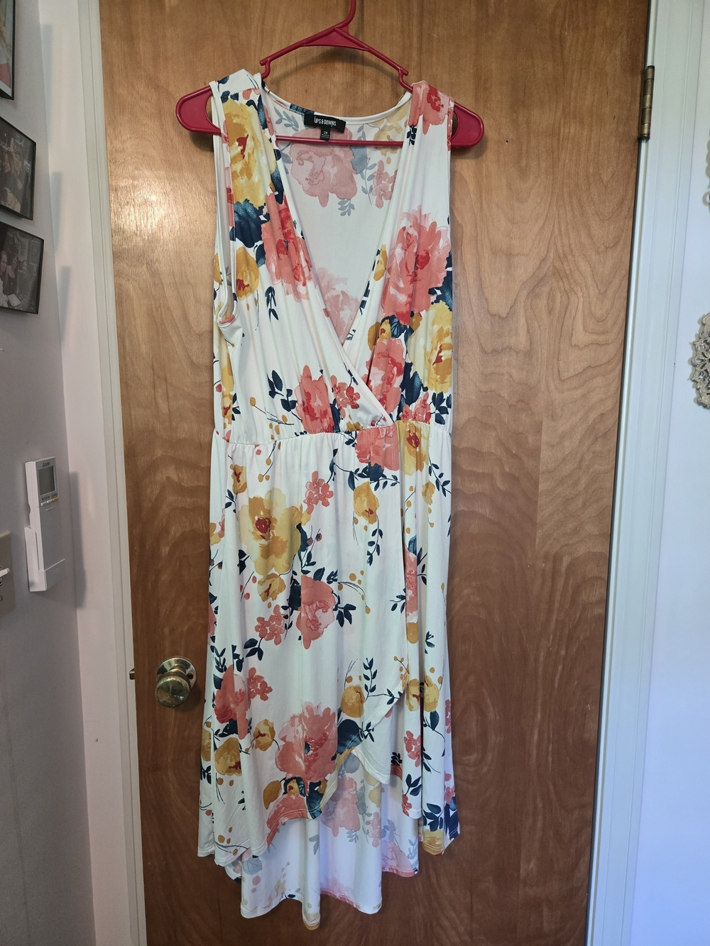 Floral High-Low Wrap Dress - White with Coral & Mustard